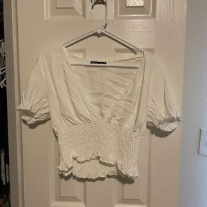 White Plunging Neck Puff Sleeve